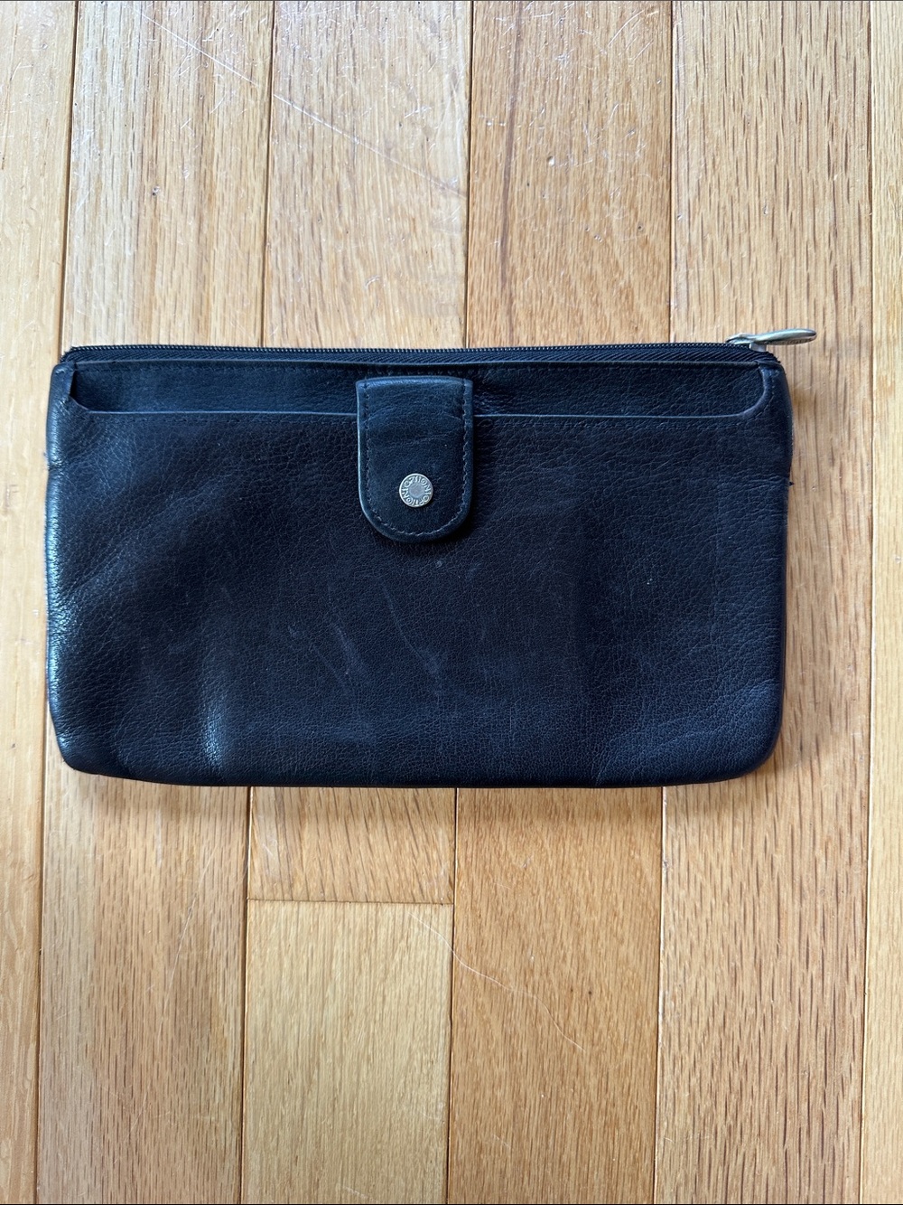 Vintage Black Leather Zip & Snap Wallet Clutch